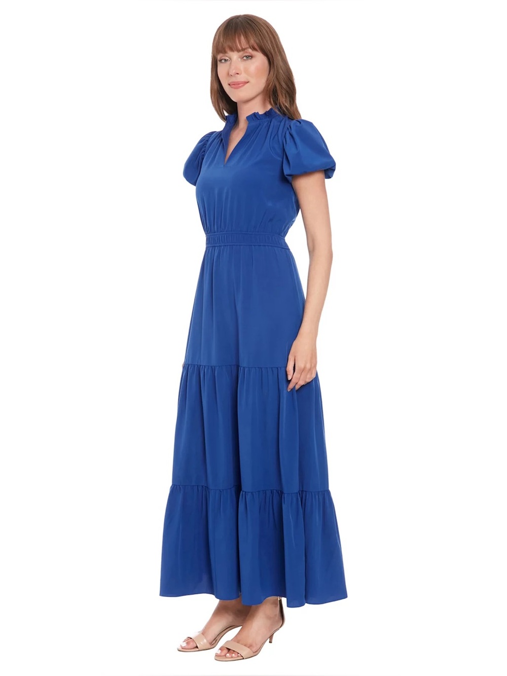 Maggy London Royal Blue Puff-Sleeve Tiered Maxi Dress